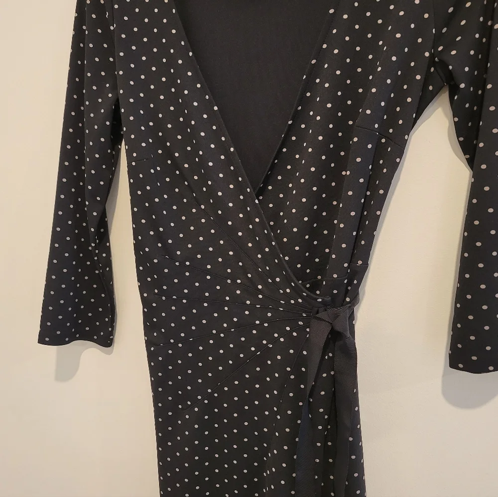 Ann Taylor Loft Black Tan Polka Dot A-Line Fit & Flare Midi Wrap Long Dress 4 - Picture 3 of 8